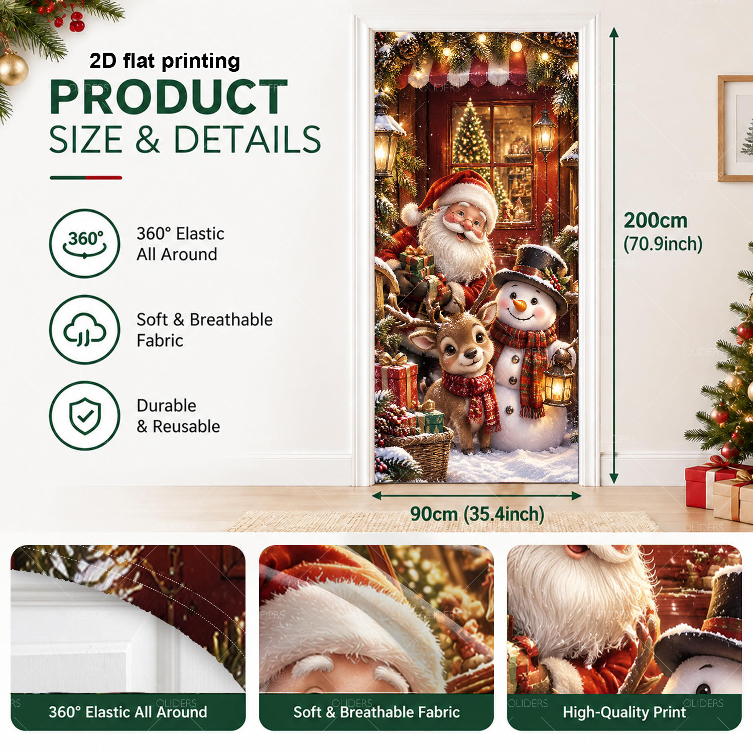 TEMU Bannière de porte 2D plate, 1 pièce, bannière de porte de Noël extensible et élastique pour Noël - Housse de porte Père Noël, de neige, avec