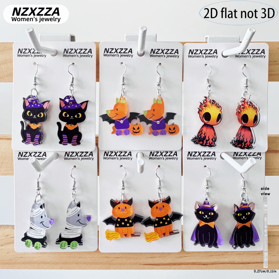 6 Pairs Cute Cartoon Witch Dangle Hook Earrings