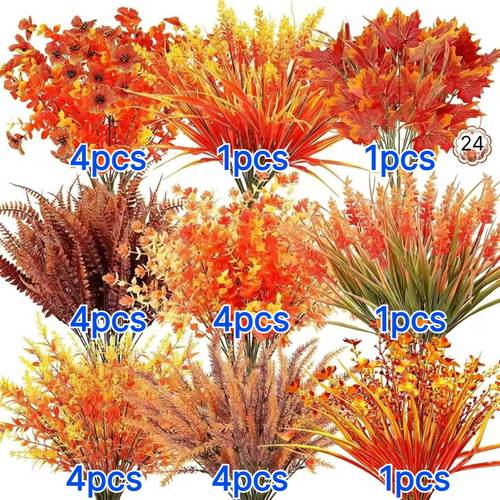 immagine dell'articolo 24 pezzi 9 di fiori artificiali autunnali per decorazioni estive - piante autunnali resistenti ai uv, finte crisantemi in , foglie , , per portico autunnale, , interni, davanzale, decorazioni per il ringraziamento in stile