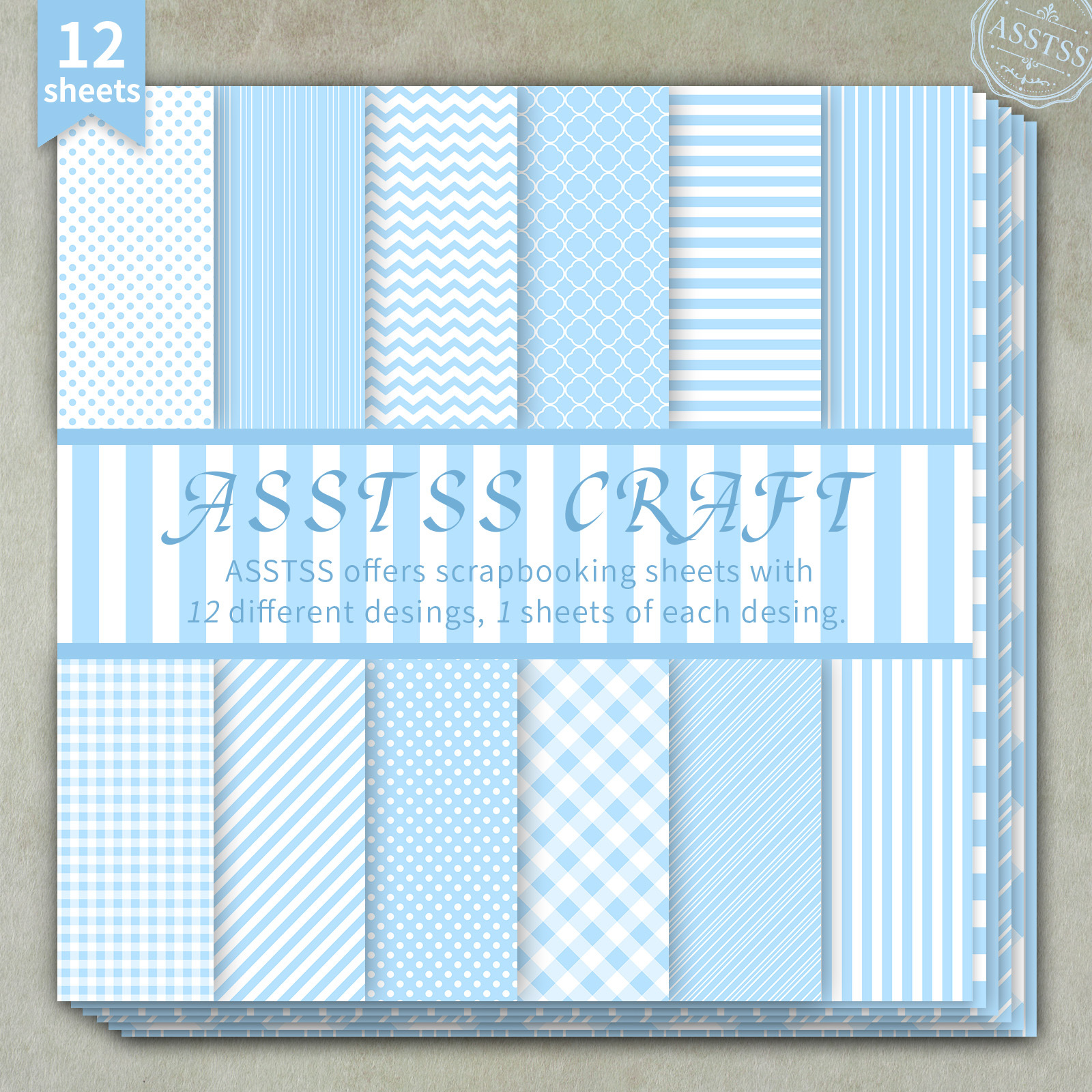 TEMU 12-sheet Asstss 6x6 Inch Scrapbooking Paper Pad, Light Blue Polka Dot Stripe Gingham Baby Backing Paper Supplies, Heavyweight Cardstock For