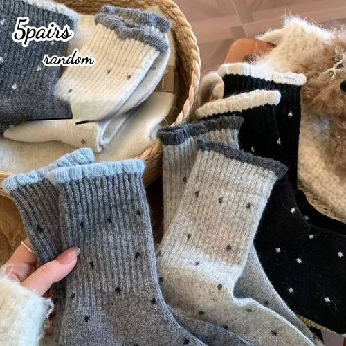 item picture 5 pairs of random womens calf socks autumn winter polka dot gentle lace versatile long tube vintage wide mouth over the calf socks