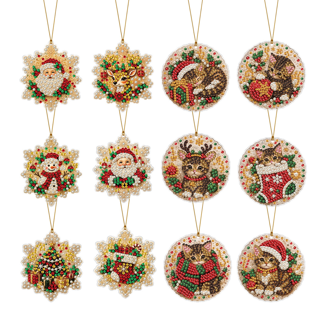 TEMU [christmas Gift] 12pcs/set Christmas Pearl Diamond Painting Kits, 2d Flat Acrylic Hanging Pendant, Lace , Christmas Tree Ornaments, Christmas