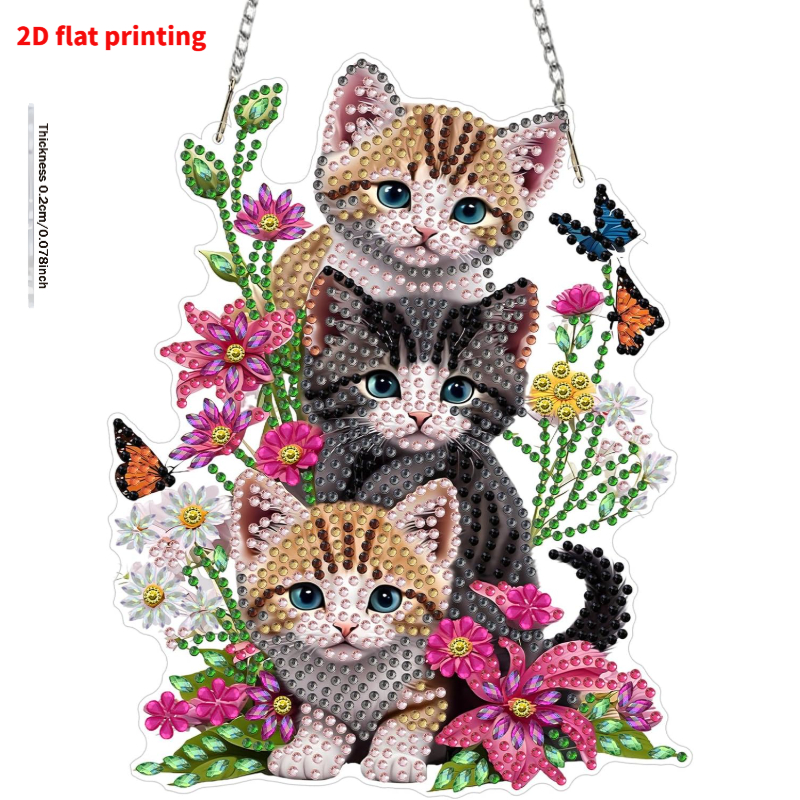 TEMU 2d Flat Printing Diamond Painting Pendant, 5d Cat Diamond Painting Kit For Adults And Beginners, Diamond Painting Window Art, Suitable For