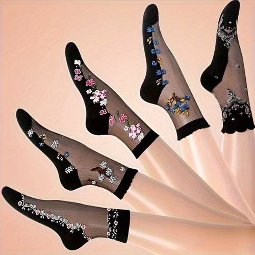 five pairs of anti slip cool summer womens socks in transparent glass fiber calf floral socks