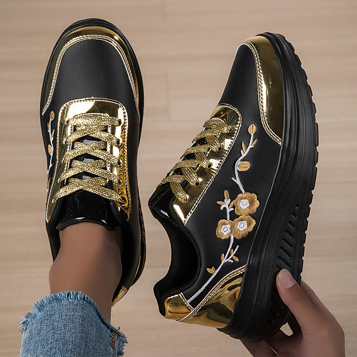 TEMU /summer Women's Casual Sneakers, Women's Road Running Shoes, Comfortable Casual Floral Embroidered Platform Shoes, Women' Casual Shoes, Metallic