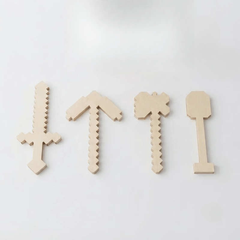 Image of 4pcs Set Of Blank Wooden Pixel Sword And Diy Craft Kit, Unfinished Paintable Wooden Craft Cutouts, Suitable For Children's Gifts And Party Decorations