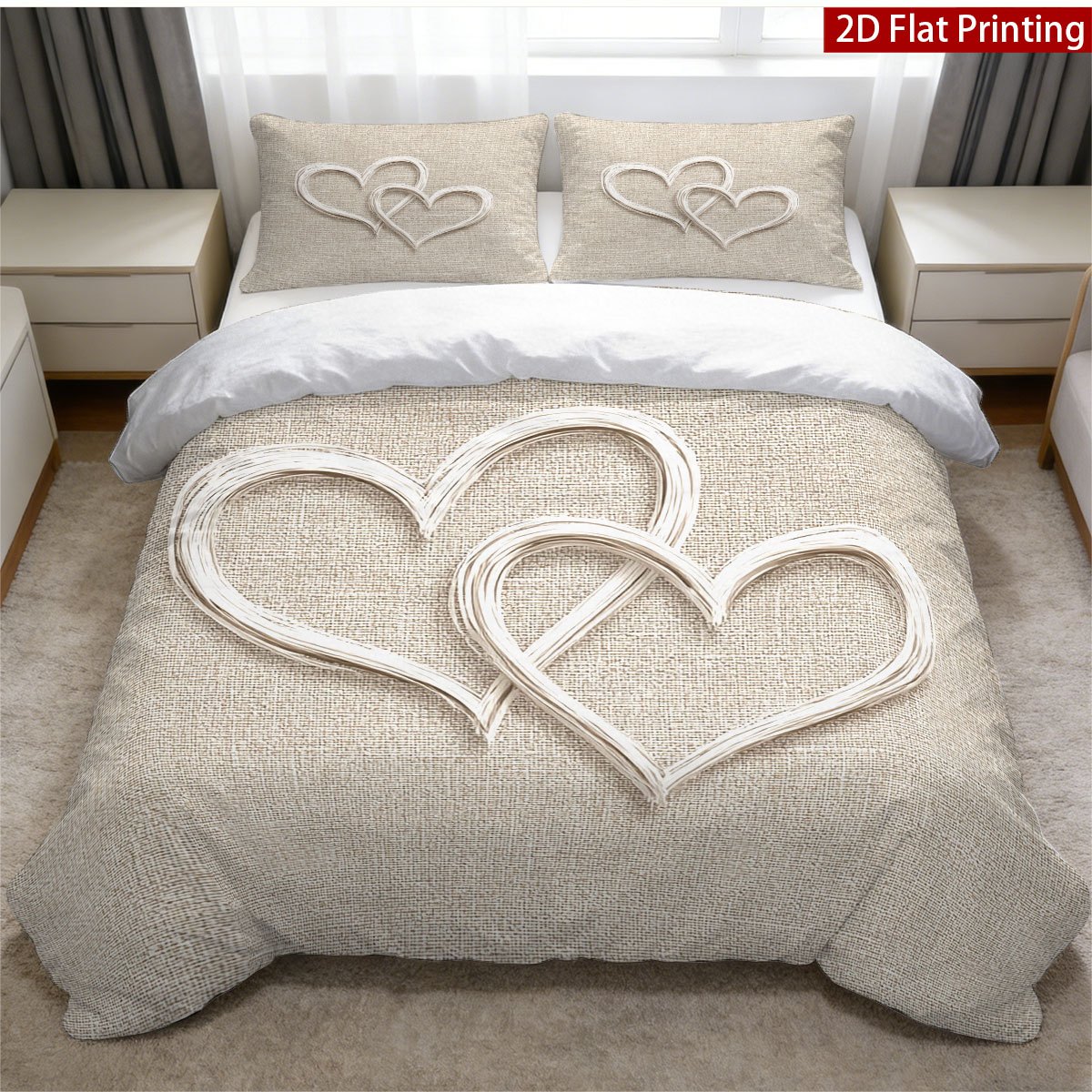 TEMU 3pcs Light Beige Pastoral Style Bedding: 1 Duvet Cover   2 Pillowcases, Without Inserts. Features A Heart-shaped Pattern, 2d Flat Print, And
