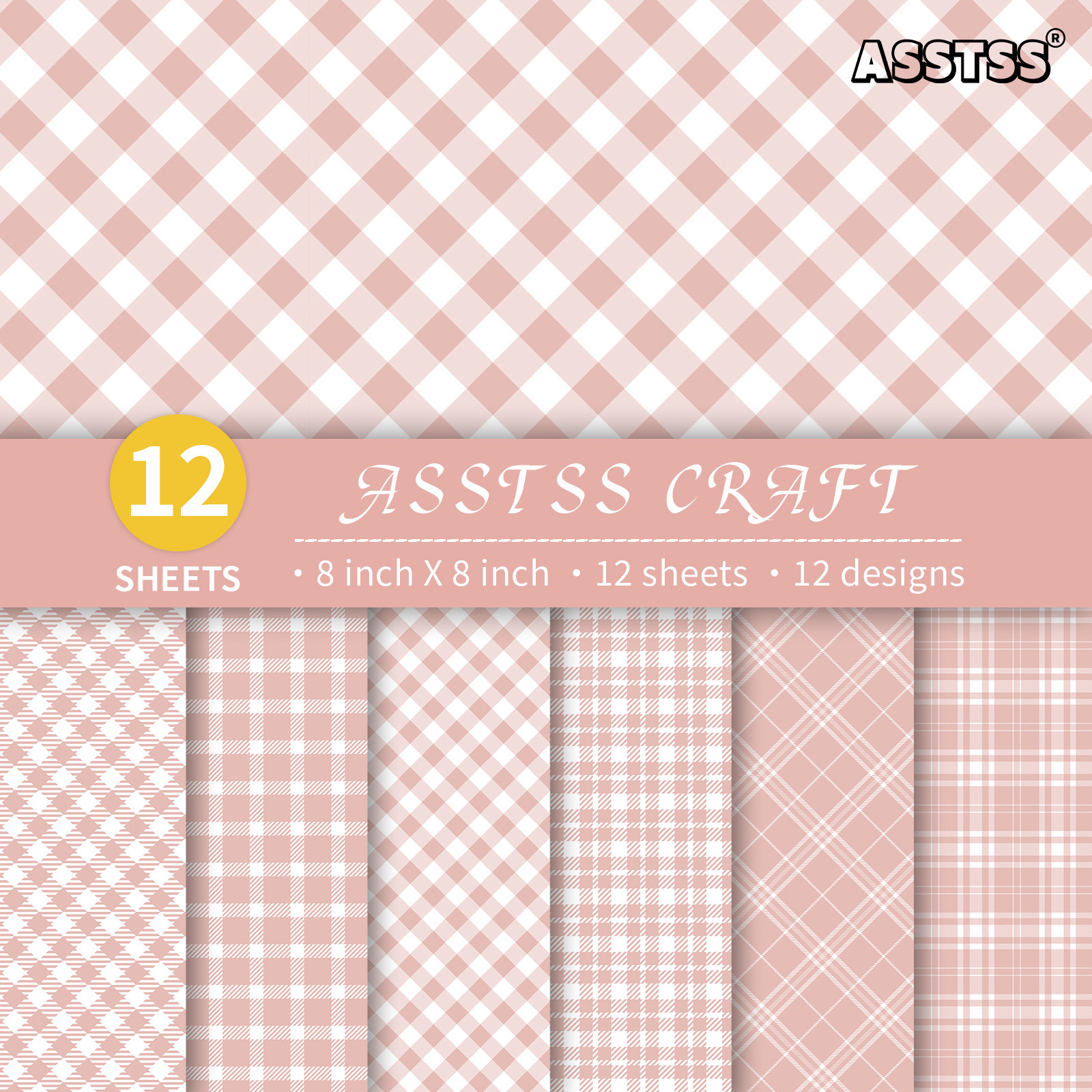 TEMU di carta per scrapbooking ASSTSS da 12 fogli, 8*8 pollici, carta di supporto rosa e a quadri delicati, carta cartoncino pesante per journaling,