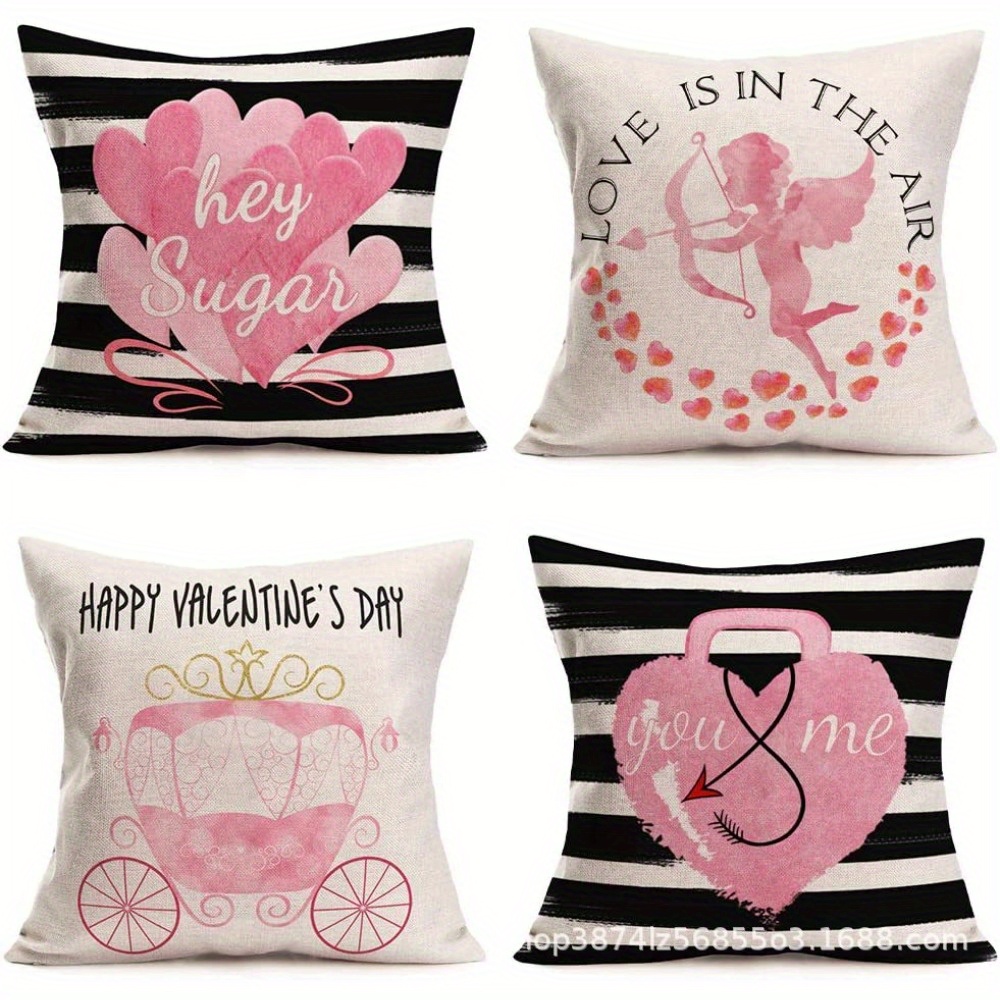 4pcs valentines day decorative pillow covers double sided printed geometric romantic designs hearts candy vintage car with zipper closure polyester 75gsm for sofa bedroom living room home decor no insert included bedroom accessories   text design durable fabric decorative pillow covers Product details 1
