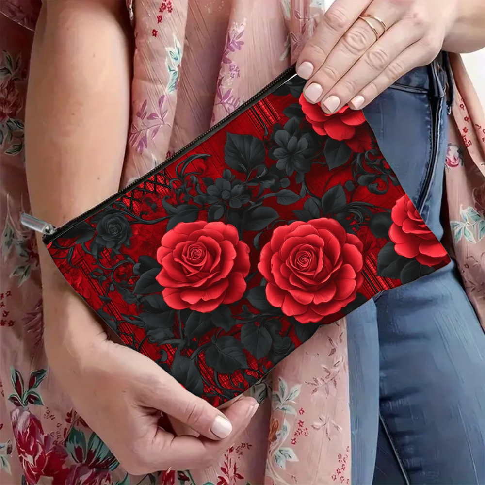 TEMU 1pc Red Rose & Black Pattern Linen Makeup Bag - Foldable Zippered Cosmetic Pouch Suitable For Travel,, Daily Use, Machine Washable Portable With