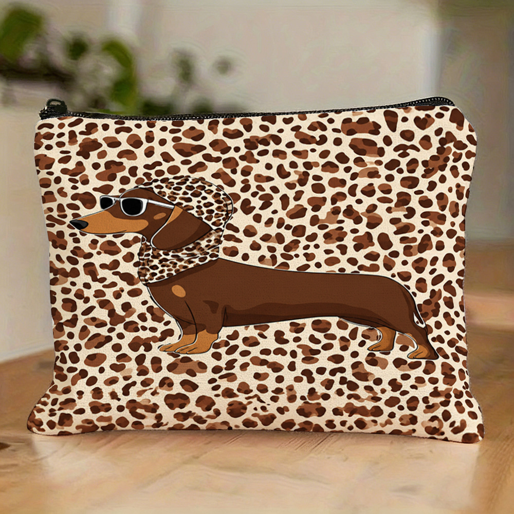 TEMU 1pc. Full Pattern Of Retro Leopard Print Background. Cool Sausage Dog Wearing Cap With Print Wash Bag For Toiletries. Toiletry Storage Bag. Can