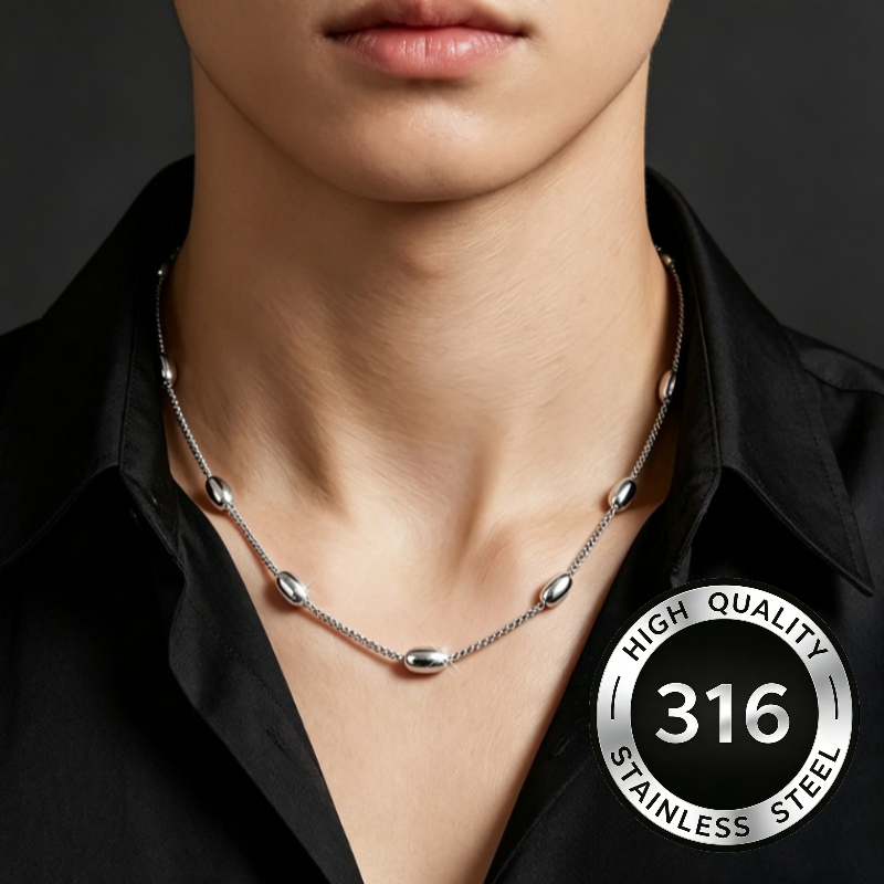 Unisex Silvery Beaded Clip-on 316L Stainless Steel Necklace