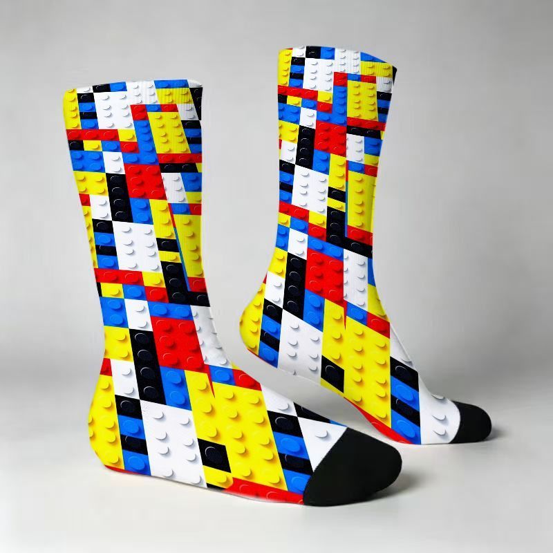 TEMU 1 Pair Unisex 3d Socks With Fun Building Block Pattern. Novelty Mid Calf Hosiery. Polyester And Spandex Blend. Ideal Gift For Men And Women. Fun