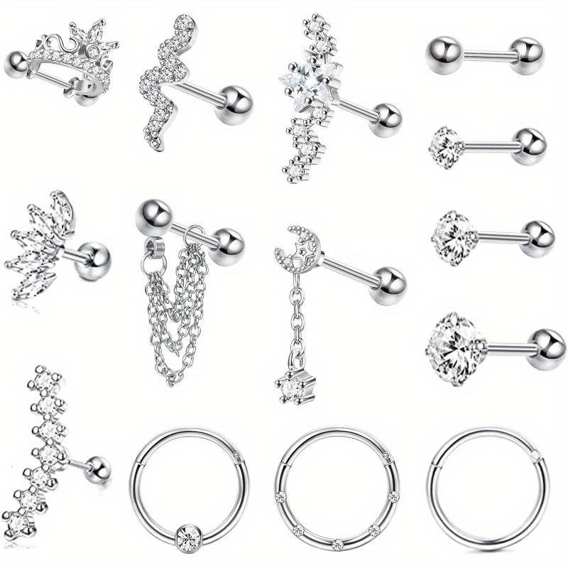 Image of 14 Pcs16 Gauge Cartilage Earrings For Women Hypoallergenic Surgical Stainless Steel Earring Sets For Multiple Piercing Daith Conch Tragus Helix Piercing Jewelry