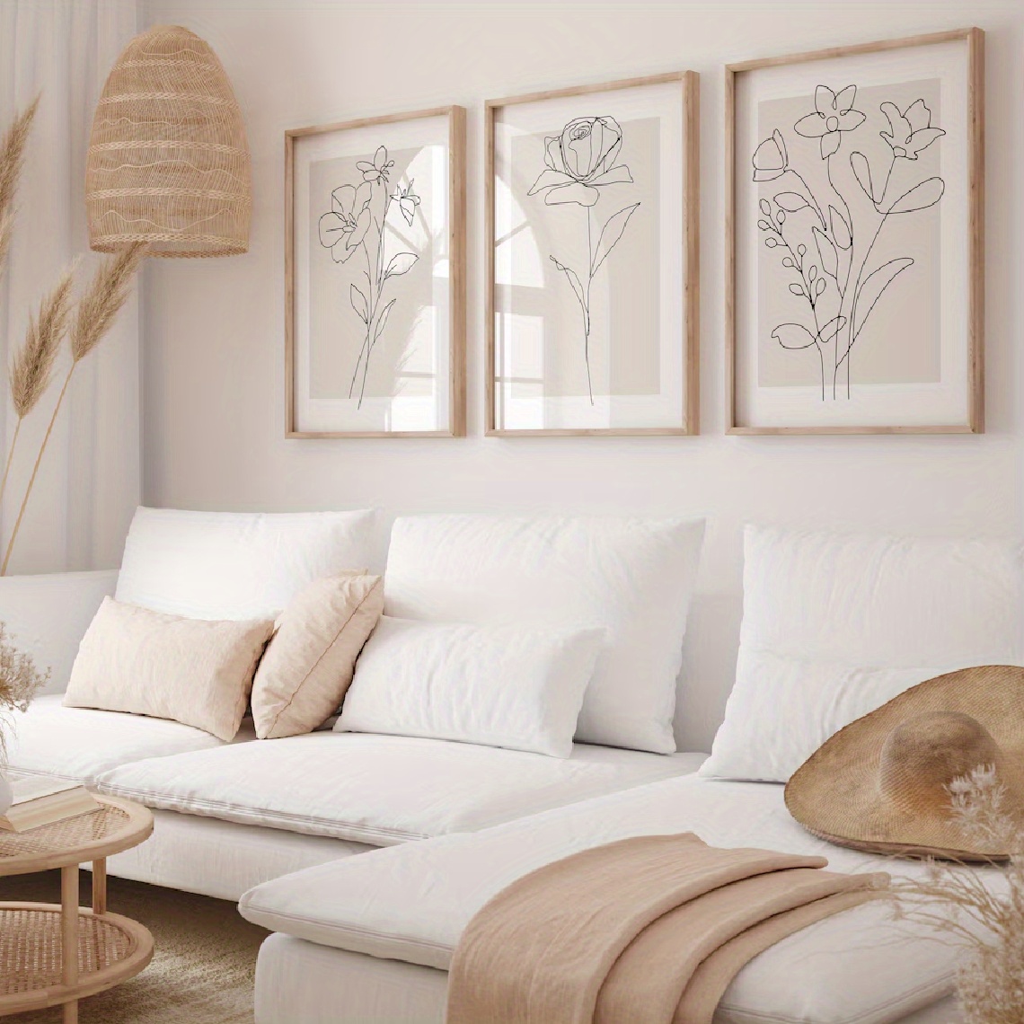 TEMU Set Of 3, Coastal Wall Art, Boho, Neutral Wall Art, Botanical Prints Plants Floral Line Art Beige Decor For Home Neutral Wall Decor With Flower