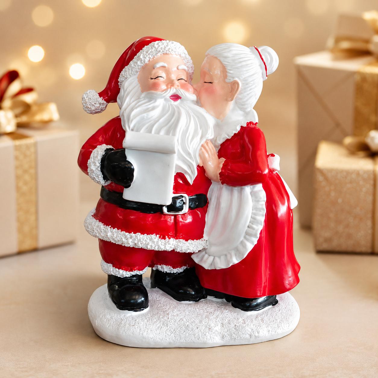 TEMU Sweet Kissing Santa And Resin Sculpture, Retro Christmas Couple Tabletop Ornament With And Snow Base, Warm Winter Fireplace/window Decor, Unique