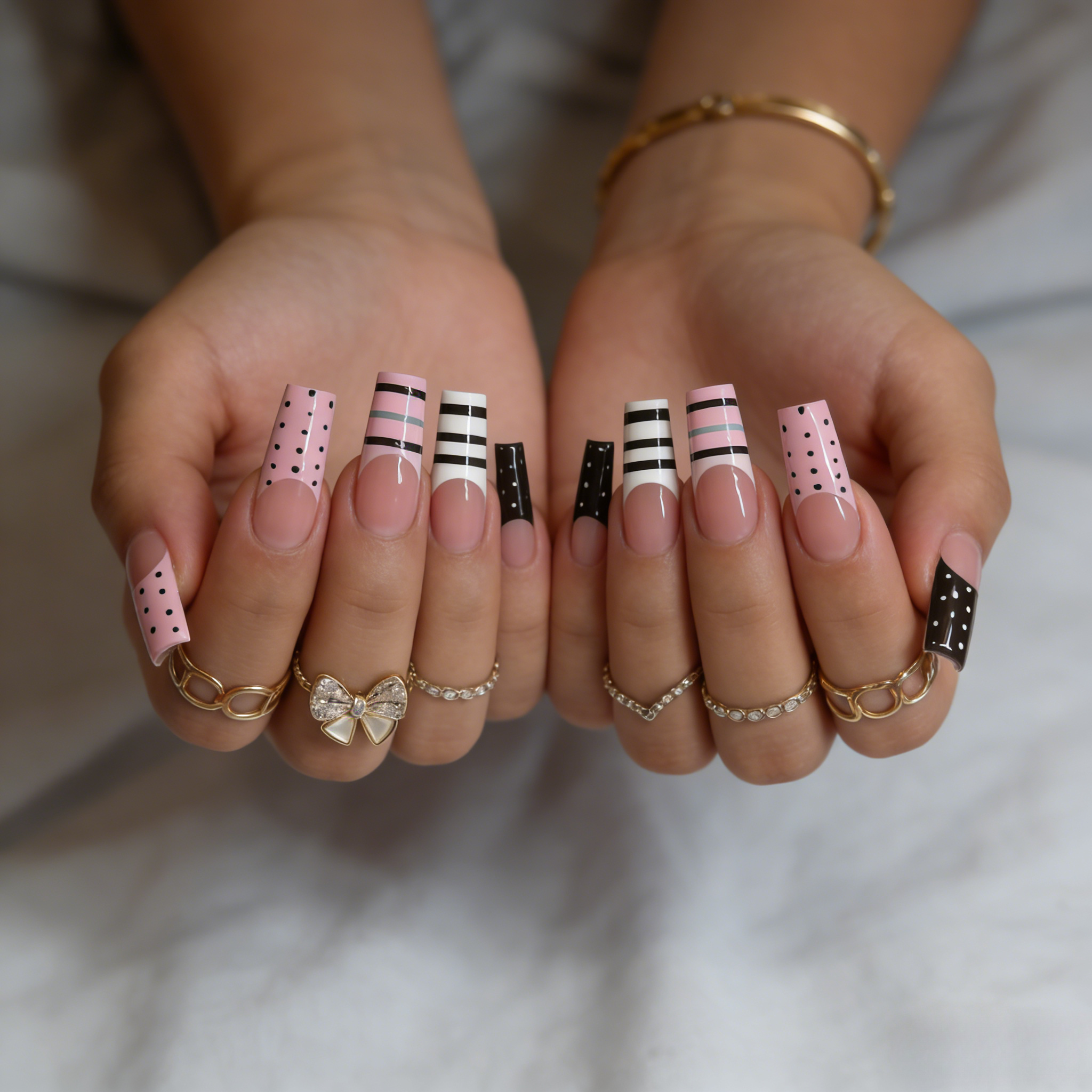 TEMU 24pcs Press-on Nails Suitable For Women & - Y2k Glossy Polish Color-block Nail Set With Polka Dots & Stripes, Medium Length Square False Nails,