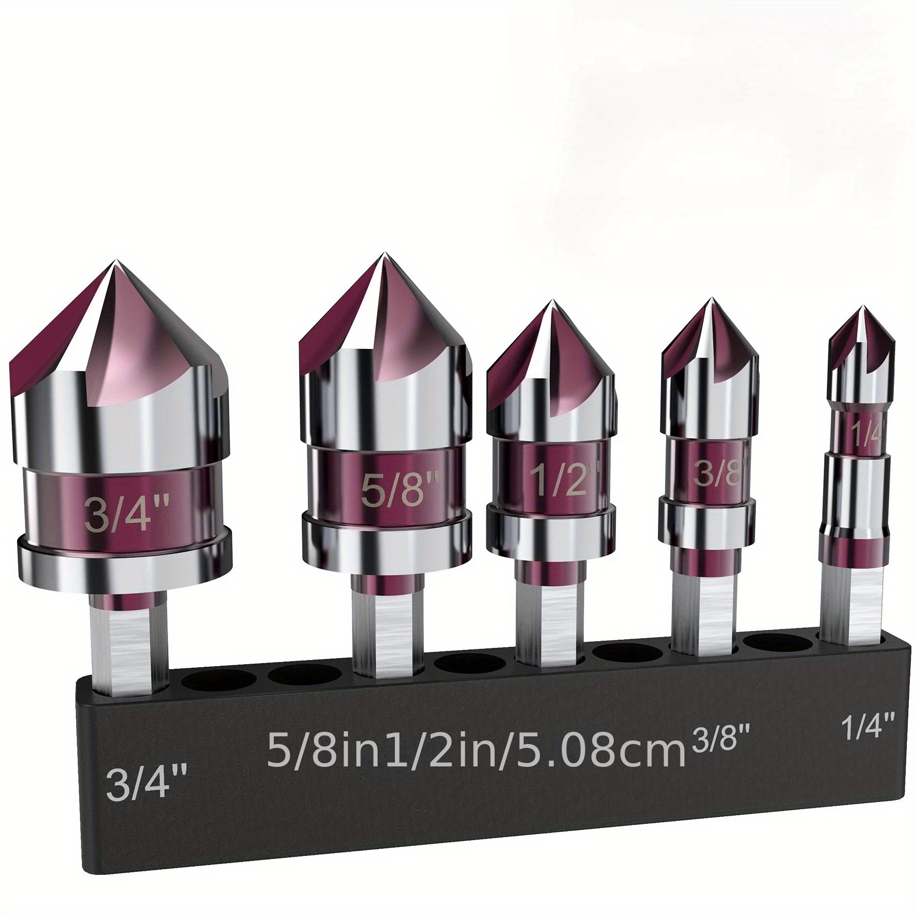 

5pcs Steel Countersink Set, M35 Threaded, 82° , 1/4" Hex Shank, Includes 1/4", 3/8", 1/2", 5/8" , Metal, Storage , For Metal, Wood, Plastic, Non-electric Supply