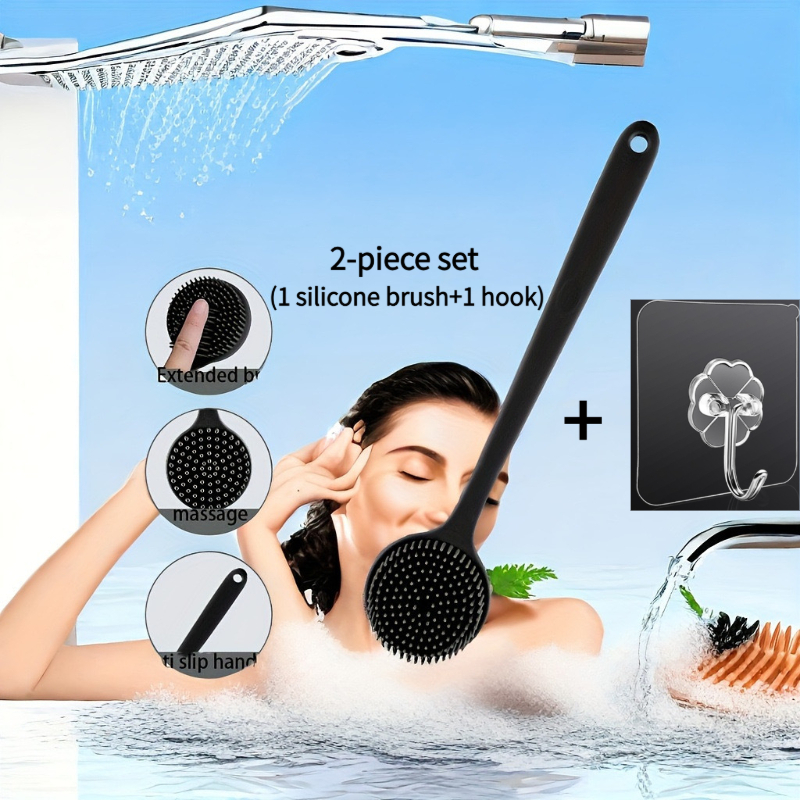 2pcs Silicone Long-Handle Bath Brush Set with Hook