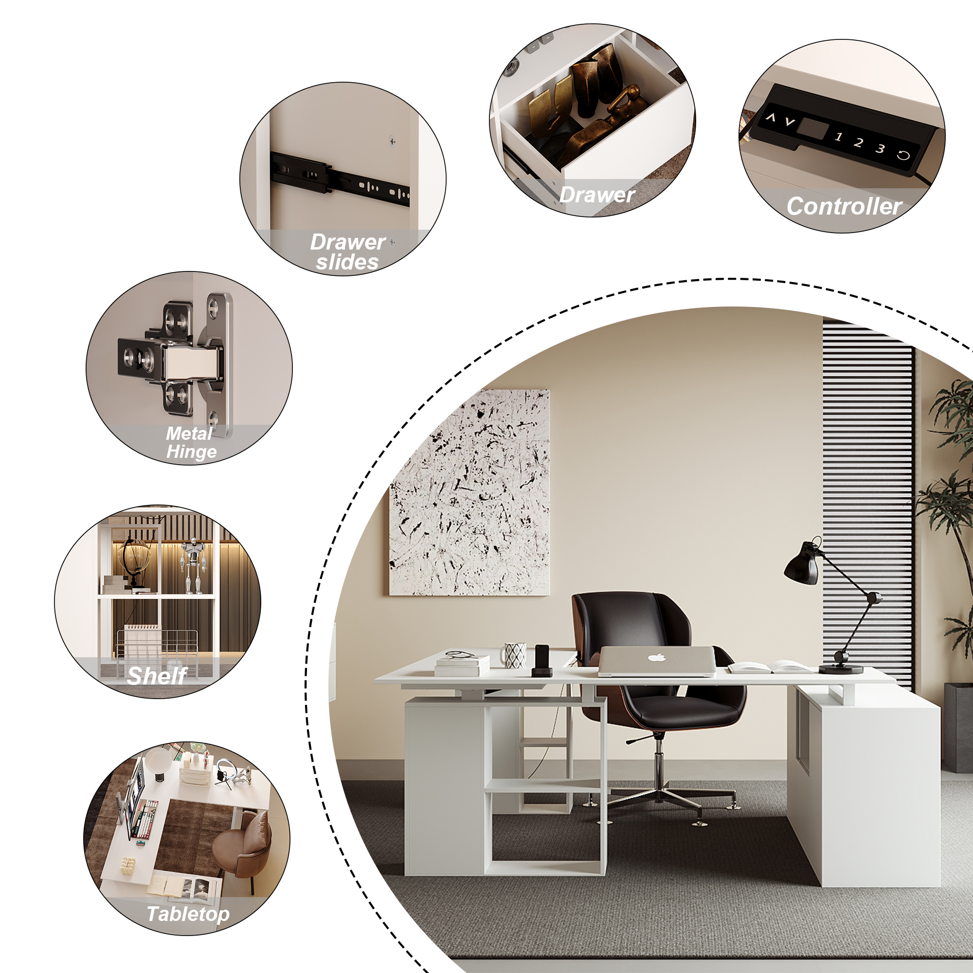 electric height adjustable standing computer desk with open storage shelves adjustable height office desk with with drawer administrative     white Product details 8
