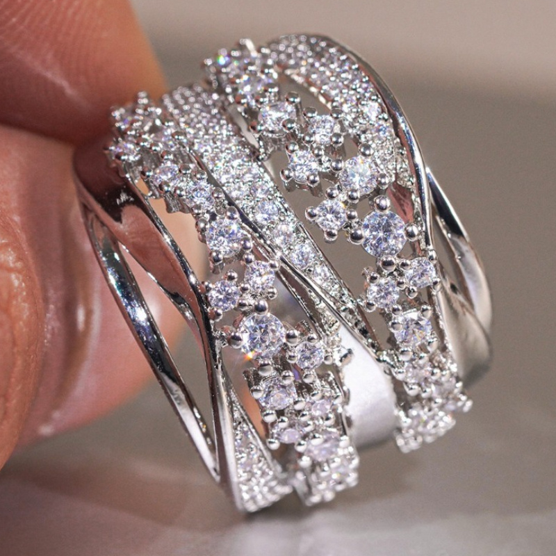 Layer Interlaced Hollow Pave Set Sparkling Synthetic Zirconia Engagement Ring