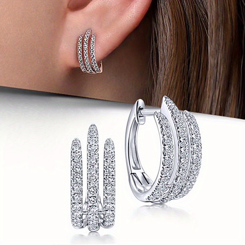 TEMU 1 Pair Women's Stylish Hoop Earrings 3 Claw Micro Pave Zirconia Circle Earrings Ideal For Women Daily And Parties