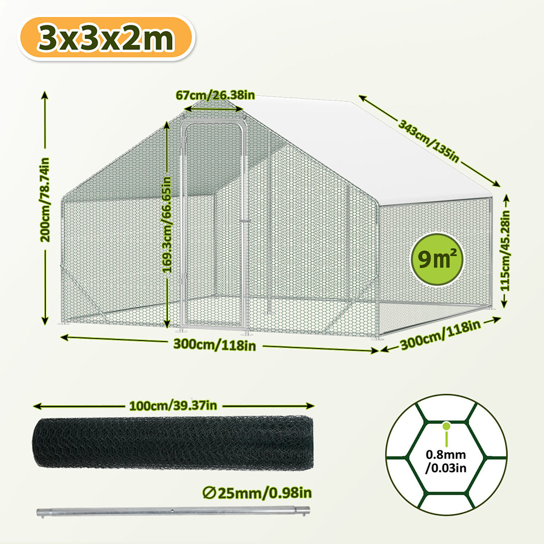 Metal Poultry Cage 3x2x2m(6m2)/3x3x2m(9m2)/3x4x2m()/3x6x2m(18m2)/3x8x2m(24m2), Walk-in Chicken Coop Run With Shade Roof, Latch, Hex Mesh Enclosure For Chickens Ducks Rabbits Dogs