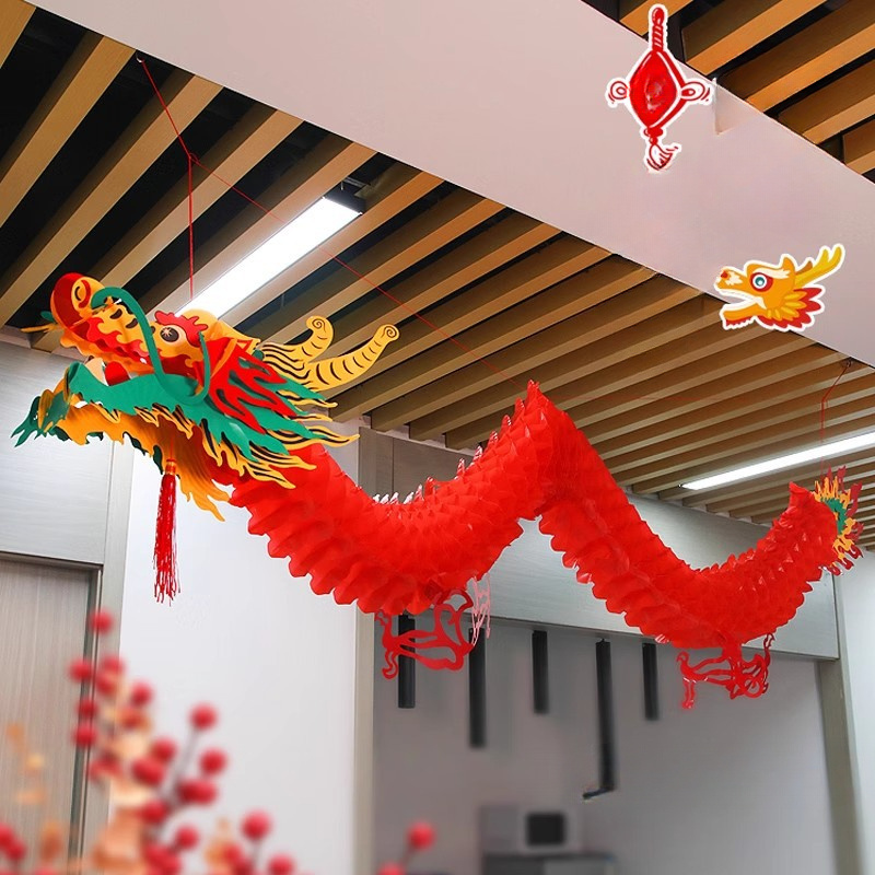 

1pc Chinese Red Dragon Lantern, Waterproof Plastic Paper Hanging Decoration For , Seasonal Butterfly Knot And Ribbon Decor, No Feather, Battery-free