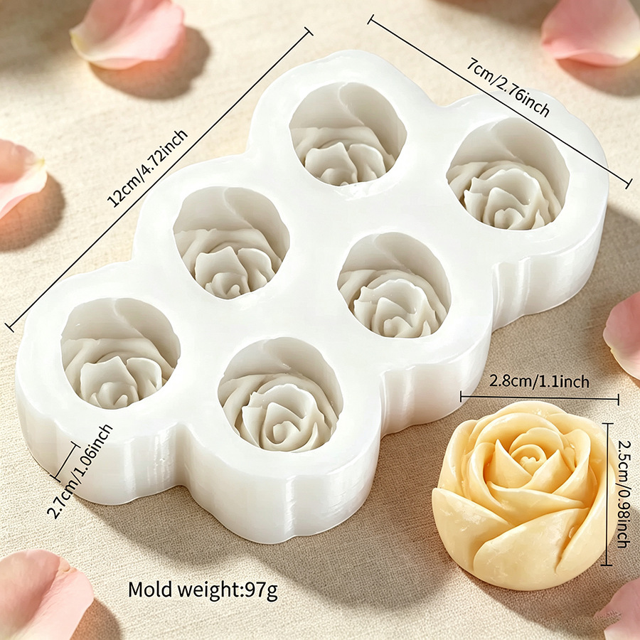 TEMU Six-in-one Three-dimensional Rose Flower Shaped Silicone Mold For Aromatherapy Candles And Clay Crafts