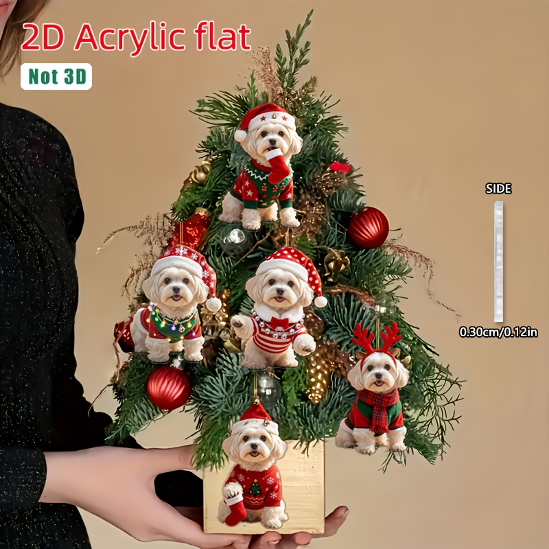 TEMU 2d Flat - A Set Of 5 Acrylic Flat Christmas Ornaments Featuring Of Bichon Frise Dogs In Festive Attire, Suitable For Decorating Christmas Trees,