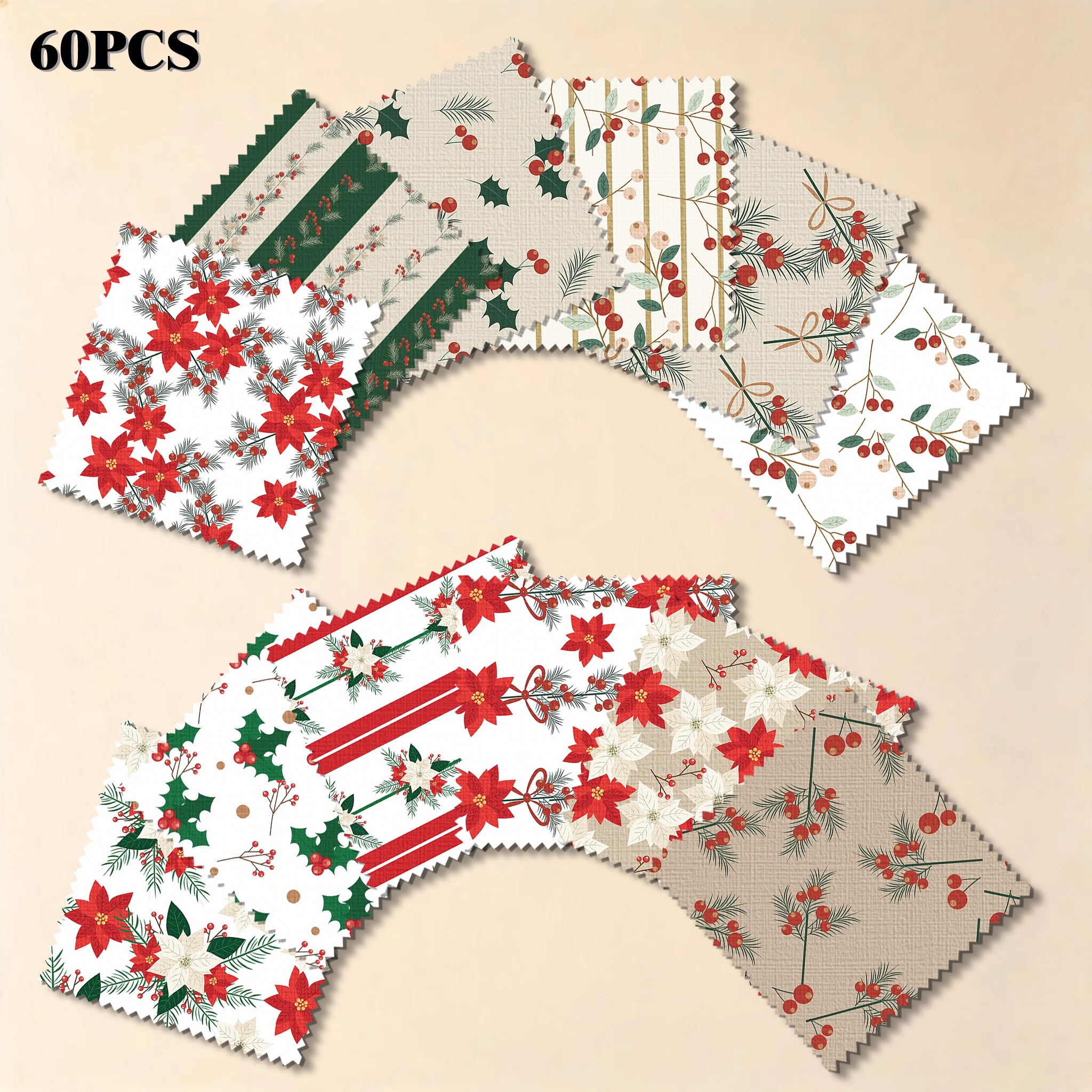 TEMU 60 pièces de tissu prédécoupé de 5 pouces avec bords dentelés, série Noël, imprimé avec de houx, aiguilles de pin, nœuds, rayures, fond beige,