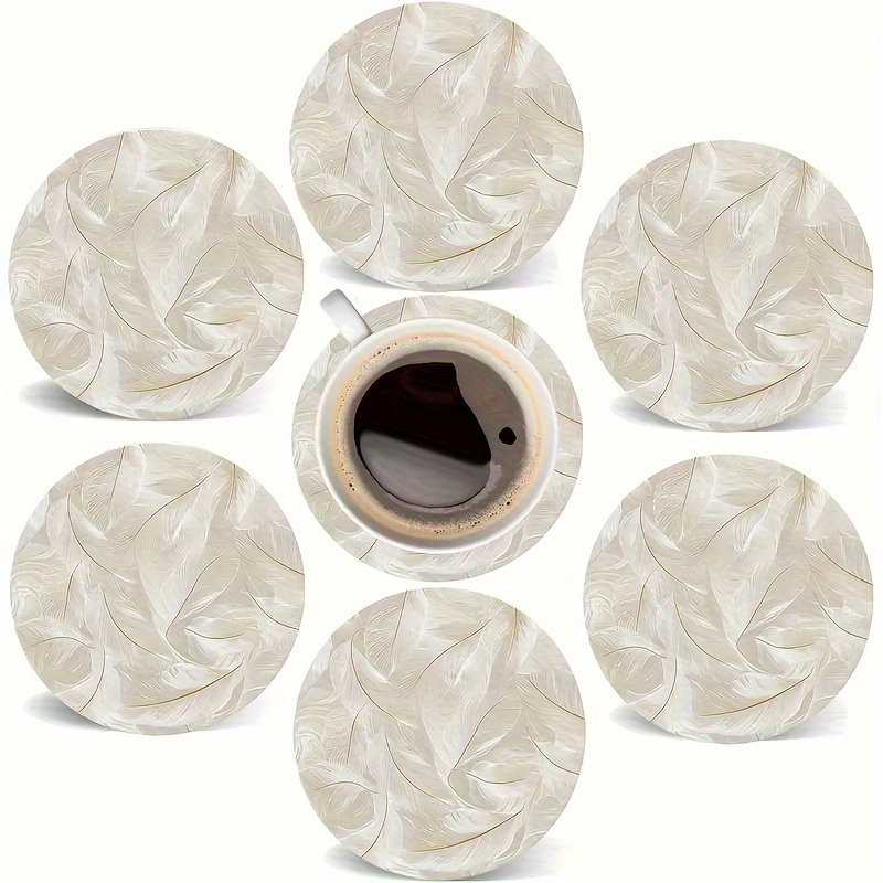 TEMU Set van 6 Beige Houten Onderzetters - Prachtig Ontworpen met Veren, Ideaal voor Valentijnsdag, 's Day, een Perfect Cadeau