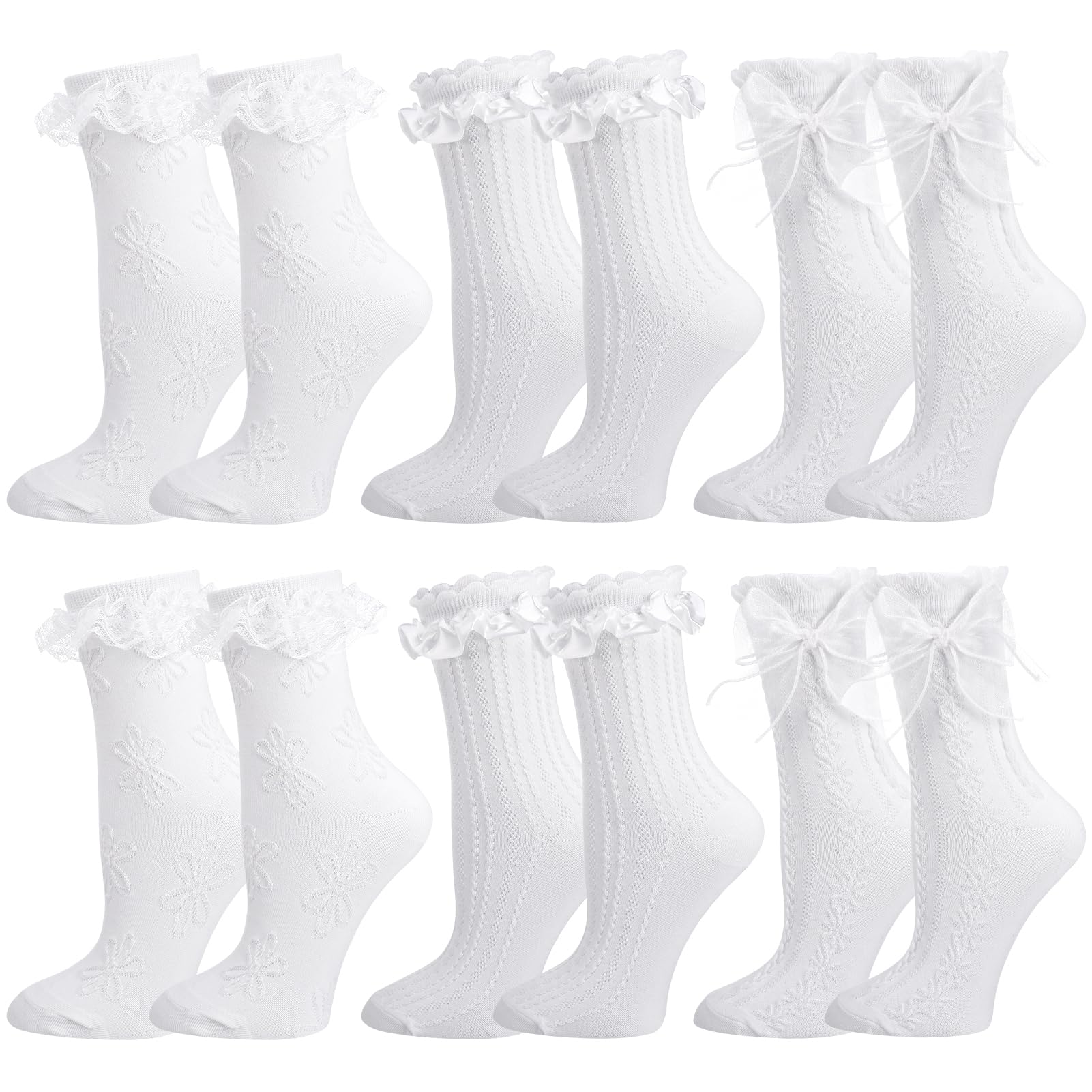 TEMU 6-pair Women' Black & White Ruffle Lace Socks - Spring Summer Thin Mid-calf Suitable For Casual, Dressy, Athletic Wear - -friendly Lace Trim,