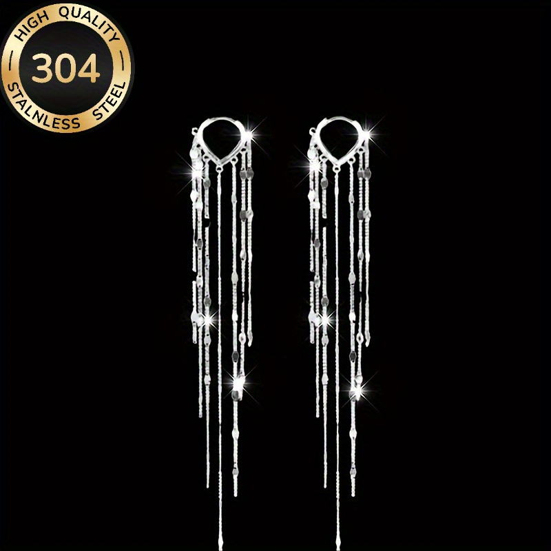 TEMU 2pcs 304 Stainless Steel Tassel Long Earrings Elegant Fashion Earrings Wedding Banquet Party Additions Wear Christmas Gifts