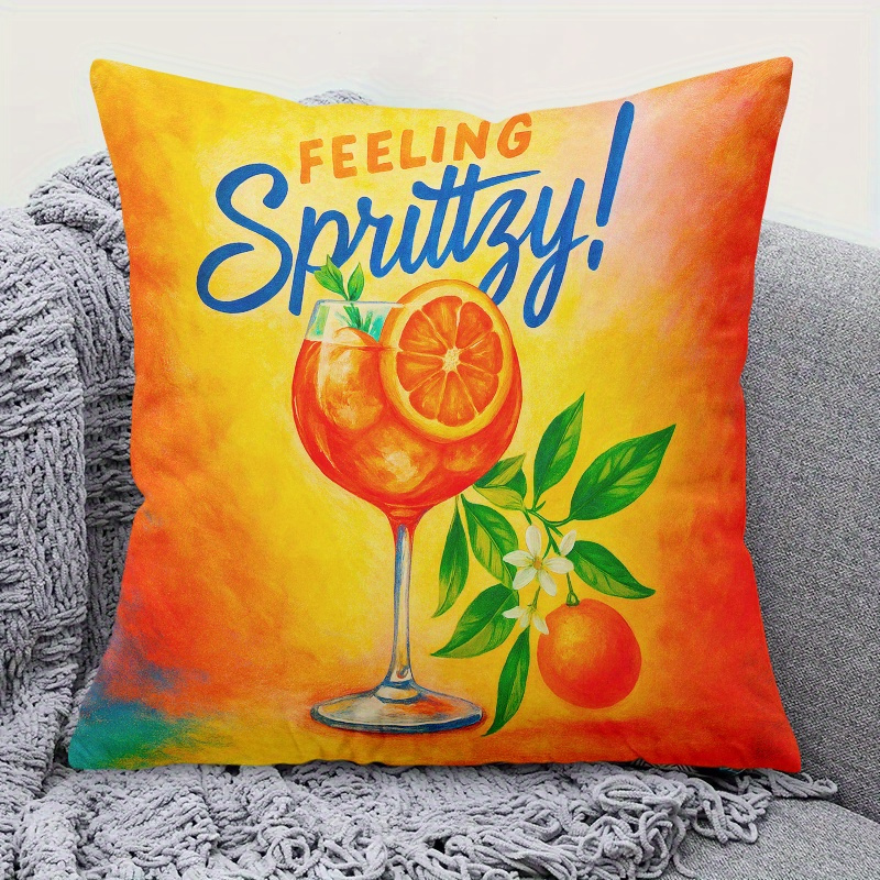TEMU 1pc Modern Orange Cocktail Print Cushion Cover With Hidden Zipper Suitable For Sofa, Living Room, Office - Machine Washable Pillowcase Cover,