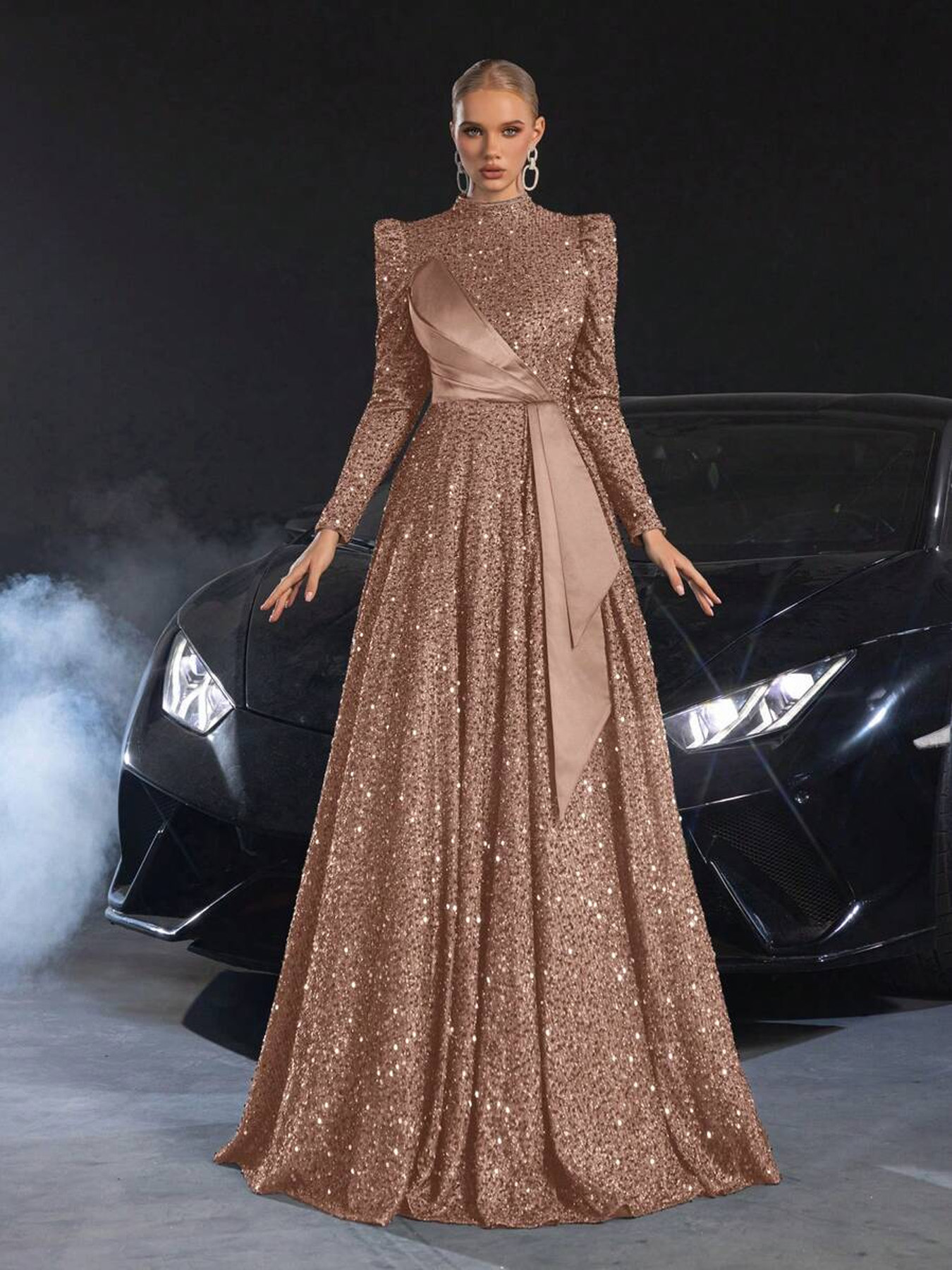heavy sequin stand collar dress long sleeved bubble - Temu Poland