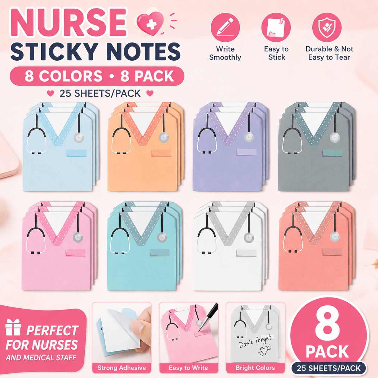 TEMU Lot de 8 blocs-notes autocollants humoristiques pour infirmière, sur le thème du costume d'infirmière, cadeaux scolaires pour étudiant en soins