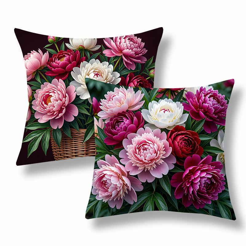 TEMU 2pcs Floral Throw Pillow Covers | Peony Design With Basket, , Polyester, Zipper Closure, Machine Washable | Ideal For Sofa, Couch, Bedroom,