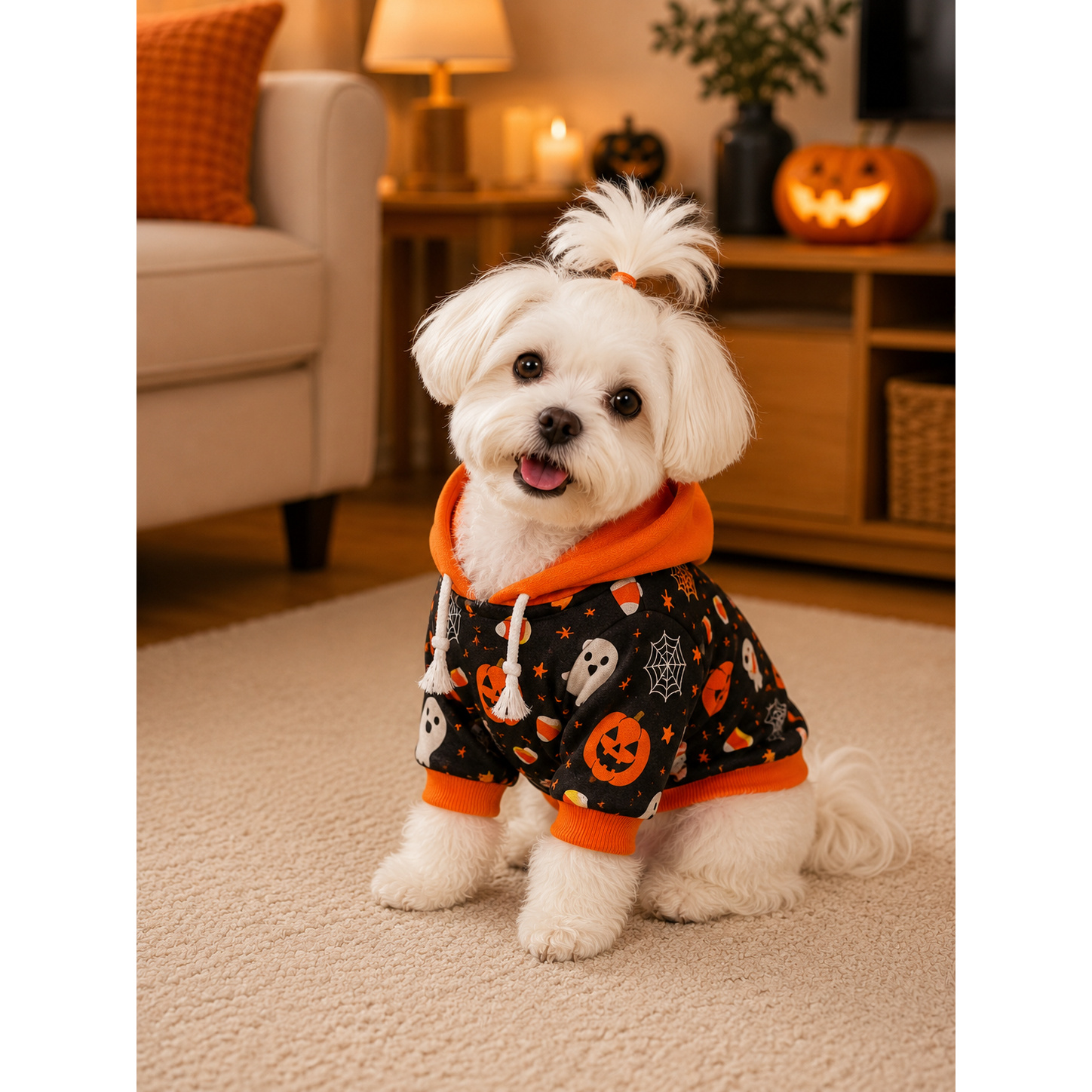item picture halloween dog hoodie with pumpkin   web print soft warm hooded outfit suitable for small medium dogs cozy puppy costume for parties autumn winter wear machine washable for breed sizes