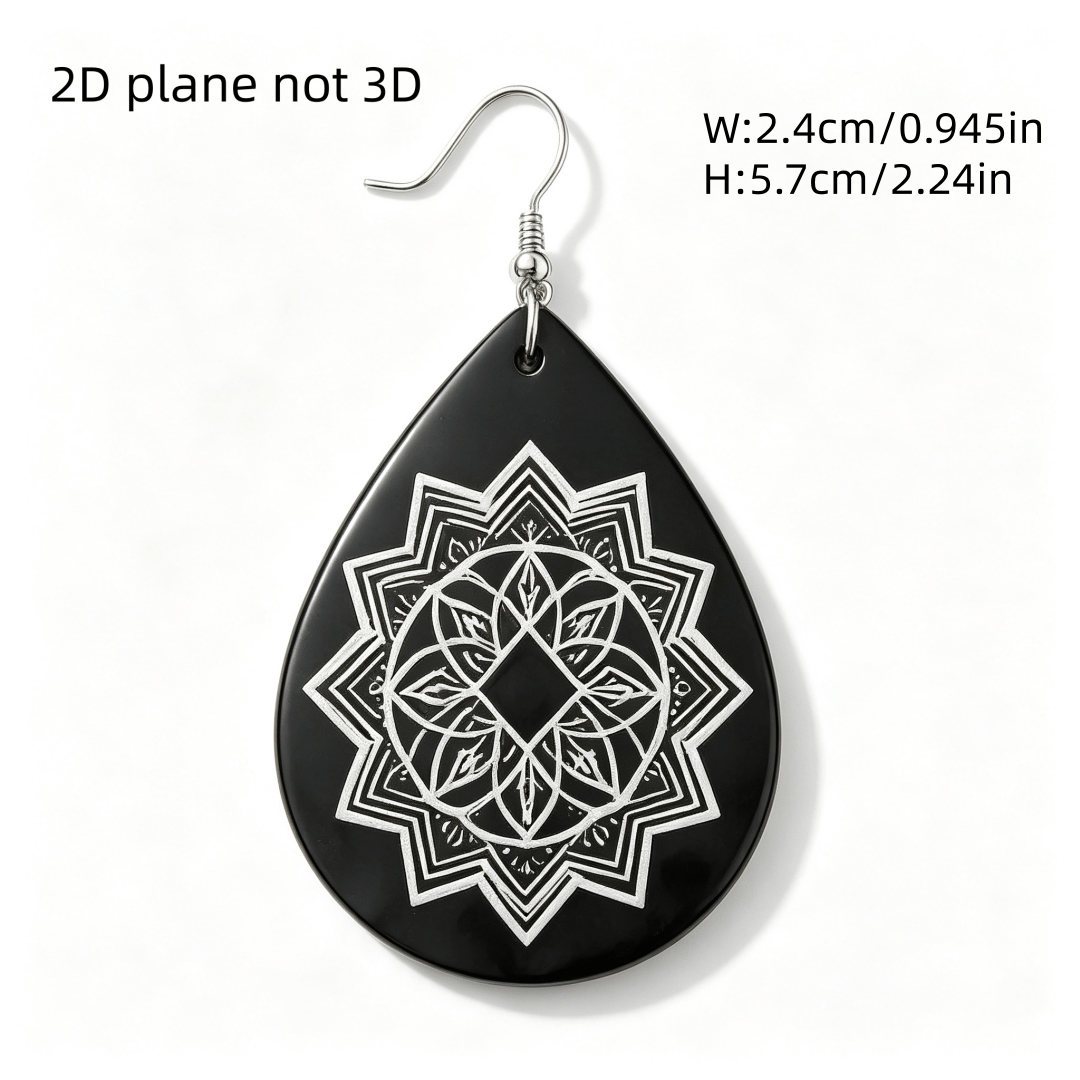 Black & White Mandala Teardrop Earrings, Boho Aesthetic