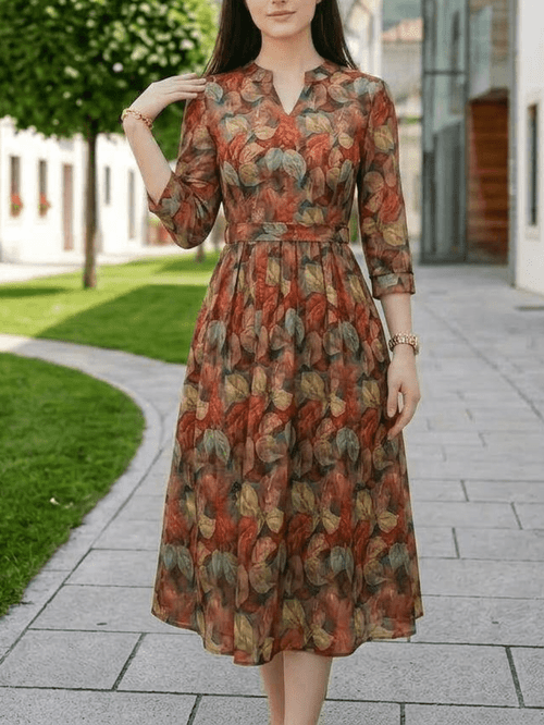 womens spring summer v neck three quarter sleeve midi dress fitted waist with leaf print versatile for daily life and elegant occasions and gentle dressing style