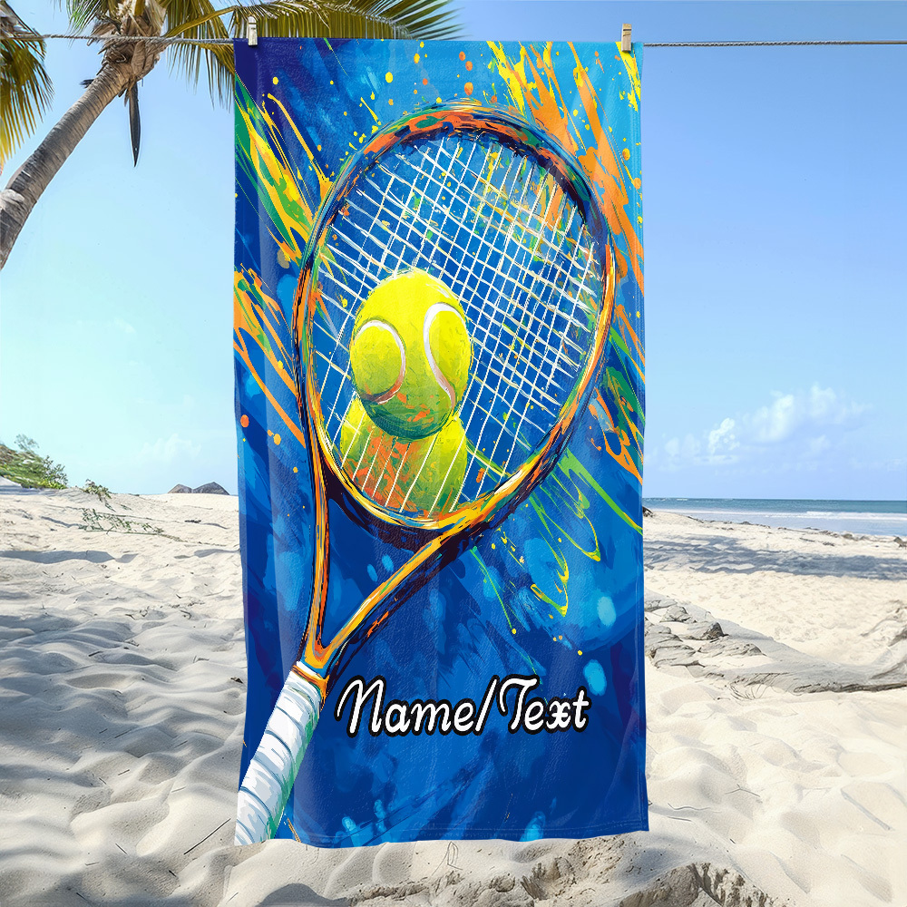 E-shop 1 Stück Tennis-Schläger Blau Thema Personalisiertes Namens-Strandtuch – Weich, Ultra-saugfähiges Mikrofaser, Leicht, für Strand, Partys, Reisen,