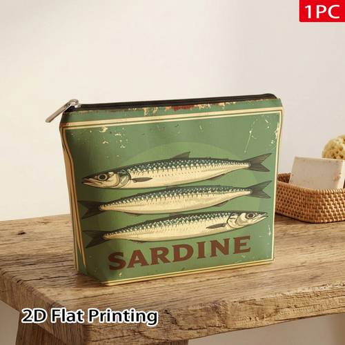 2d flat printing 1pc makeup bag with vintage sardine nostalgic pattern chic doublesided print makeup bag durable lightweight foldable travel organizer with large capacity perfect gift for friends birthdays