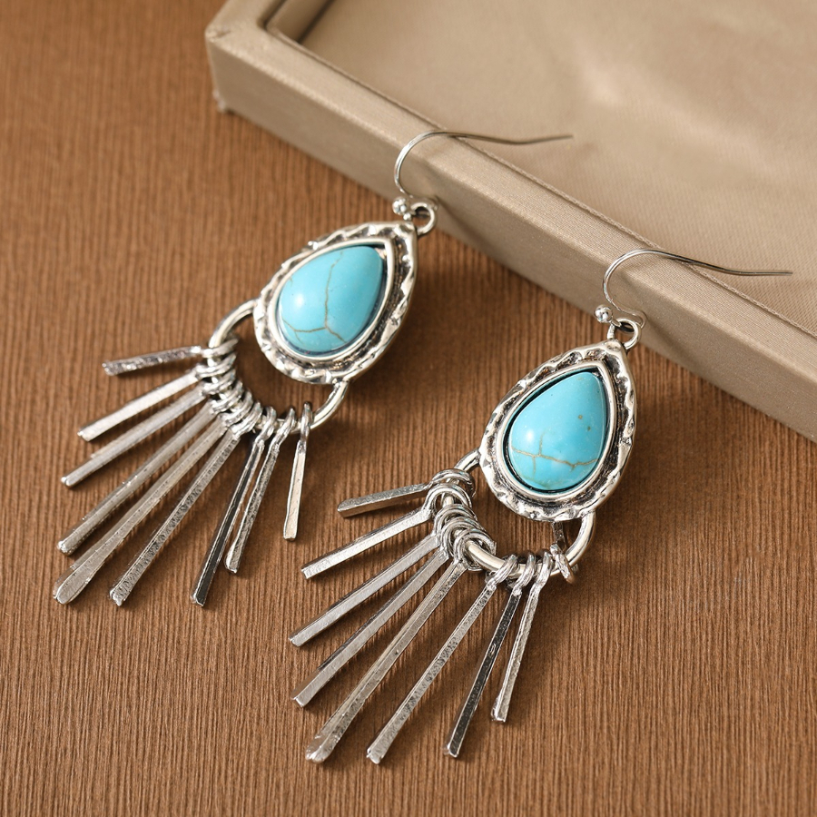 E-shop Vintage Bohemian Style Eingefasste Synthetische Türkis-Tropfen Quaste Lange Anhänger Ohrringe für Damen, für oder Party-Outfits
