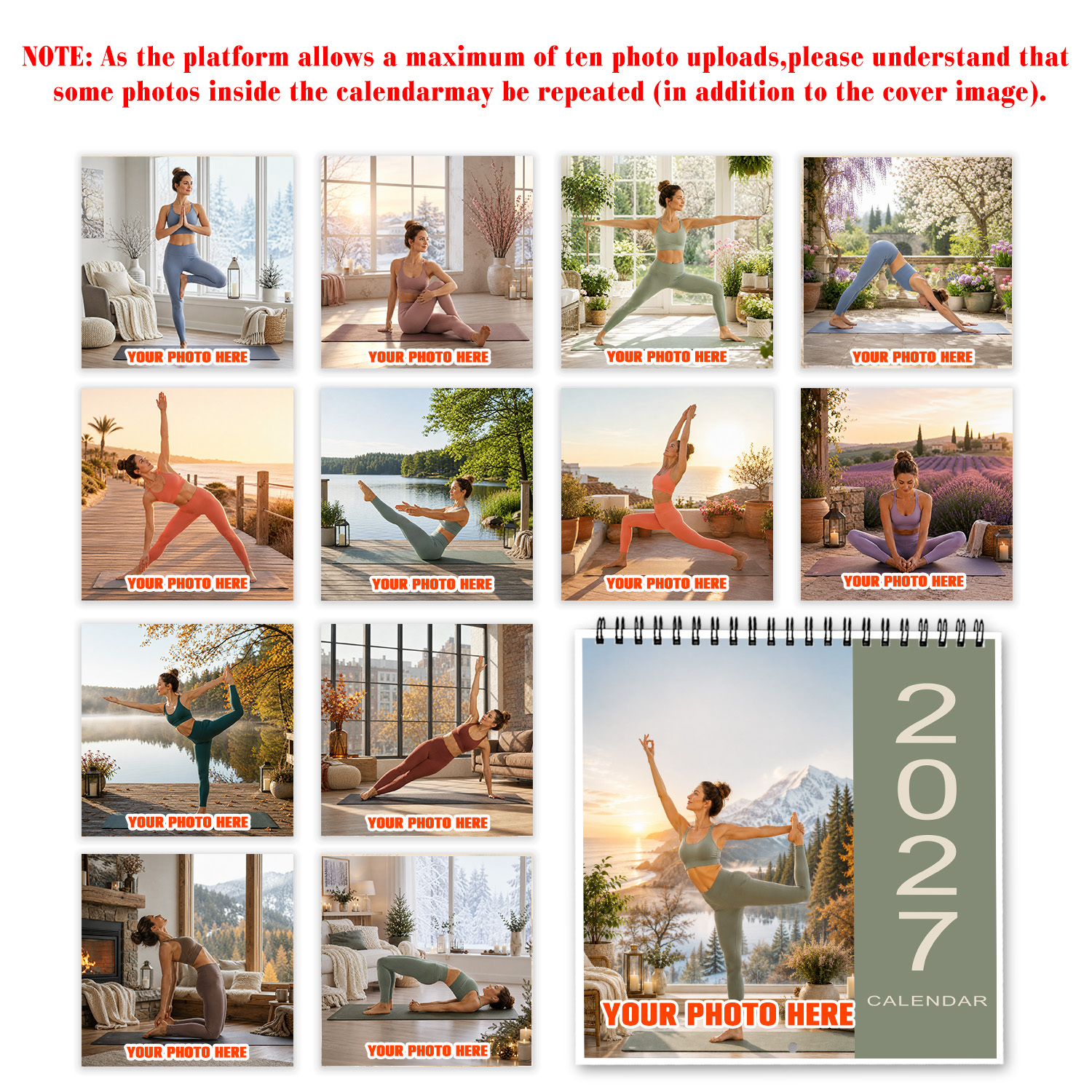 TEMU 1set Custom 13 Photos Wall Calendar 2027, Personalized Yoga Fitness Spiral Hanging Square Calendar 21x21cm, Sports Keepsake Calendar With Your