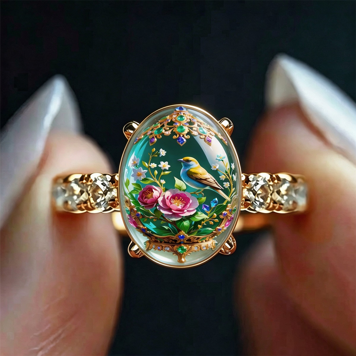 TEMU Vintage Floral Bird Ring, Ladies Microlandscape Dome Ring Inlaid With Featuring Blue Birds And , Elegant Botanical Style Jewelry, Gift For