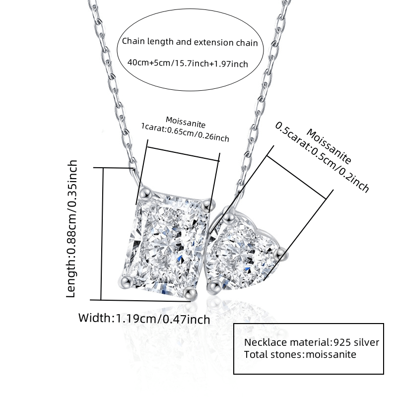Women's 925 Silvery 1.5 Carat Moissanite Rectangular Puzzle Heart Pendant Necklace