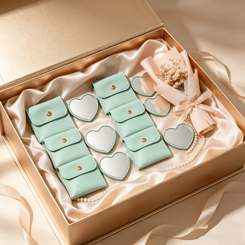 7pcs Green Heart-Shaped Portable Makeup Mirrors with Makeup Bags