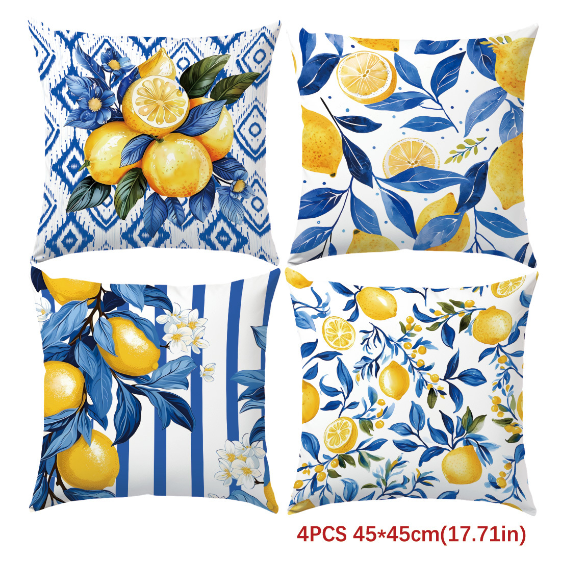 E-shop 4er-Set einseitig bedruckte Kissenbezüge, tiefblaue Zitronen-Illustration Kissenbezüge, Kissenbezüge für Wohnzimmer Sofa Schlafzimmer, ohne