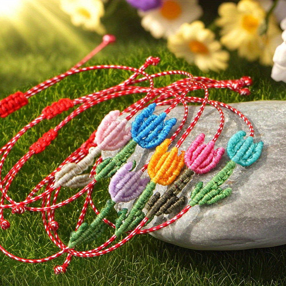 Handwoven Tulip Charm Bracelet - Adjustable Beaded Summer Jewelry